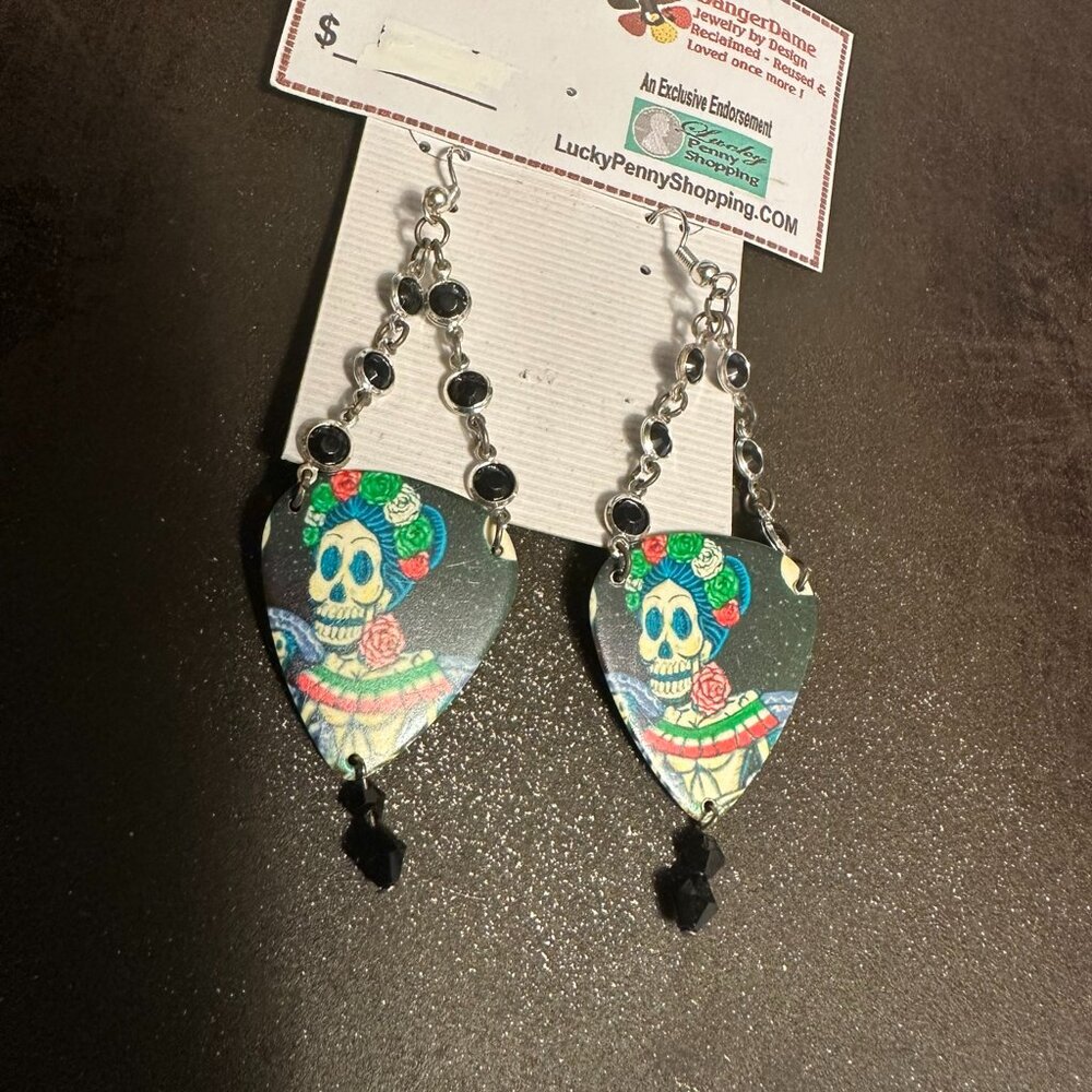 Sugar Skull Earrings Day of the Dead Guitar Pick 9938